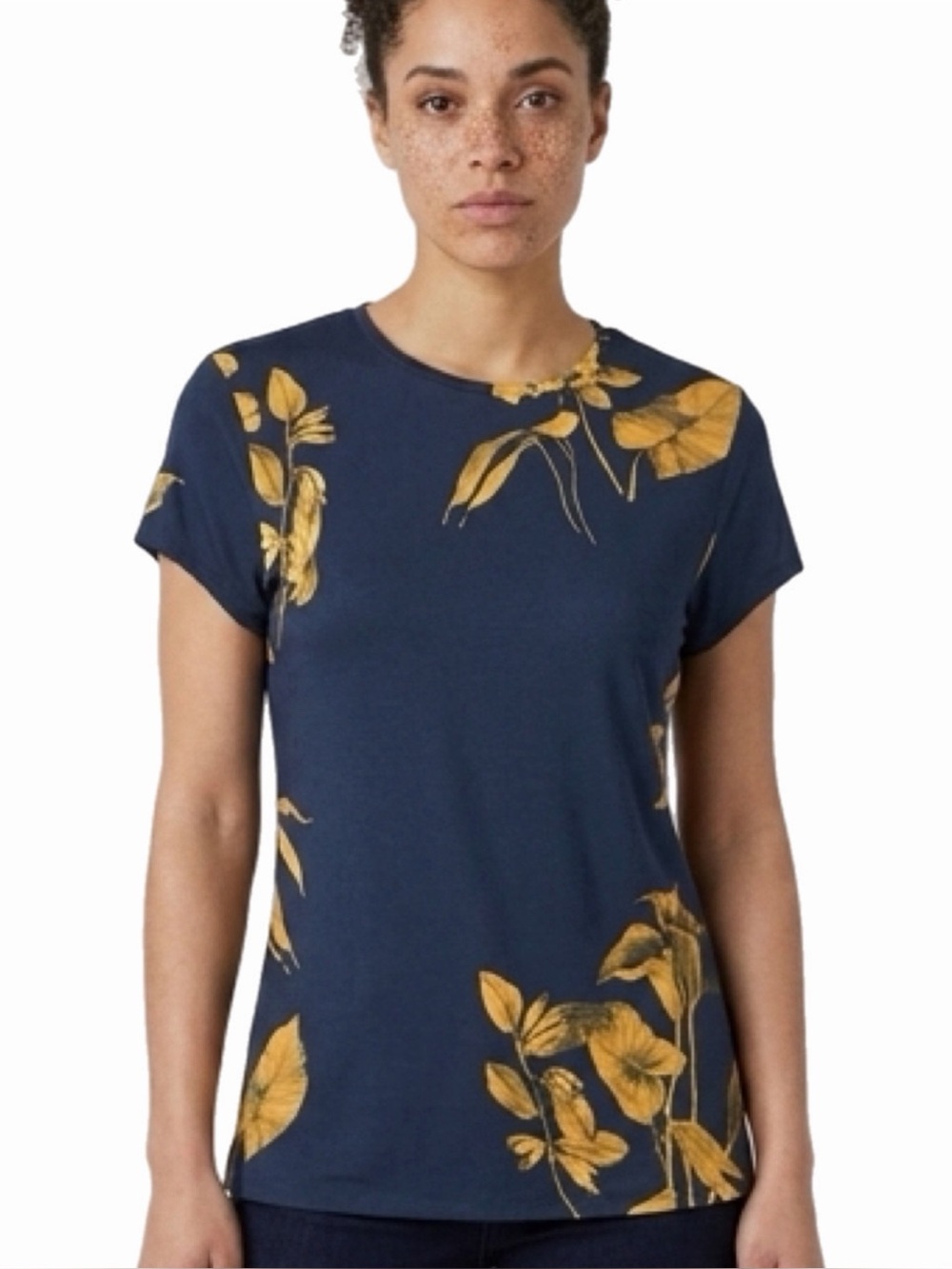 TED BAKER LONDON Navy Mustard Botanical Floral Fitted lTop Ted Size 2= Small/6